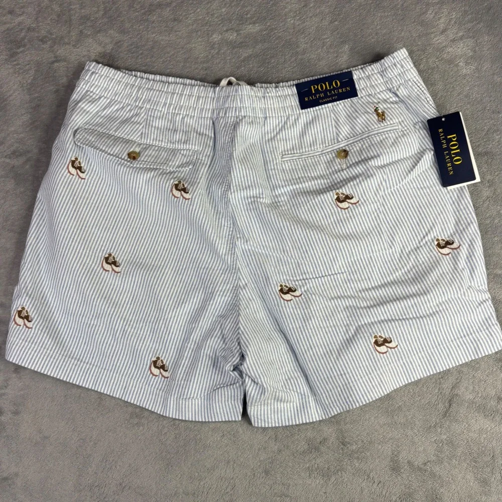 Polo Ralph Lauren Shorts Men XL Blue Seersucker Striped Saddle Shoe Embroidered